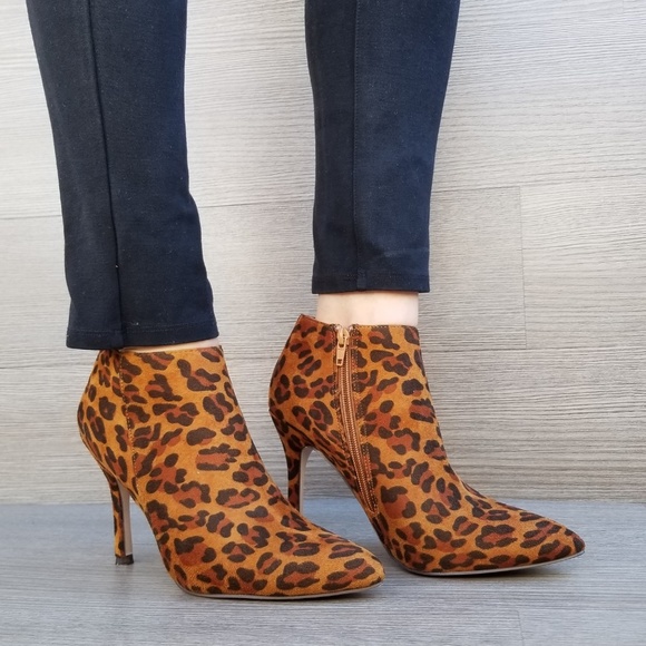 Shoes - Vegan Suede Leopard Print Ankle Booties-F